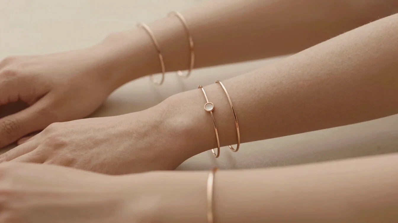 Warm editorial studio photography of minimalist bracelets worn on