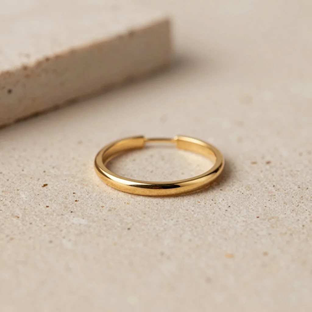 Close-up of minimalist gold-toned stainless steel creoles resting on beige sandstone, soft neutral tones, shallow depth