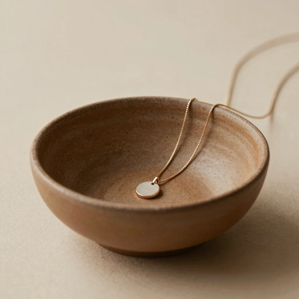 minimalist pendant necklace resting inside a warm brown ceramic bowl, soft daylight, organic textures, editorial styling