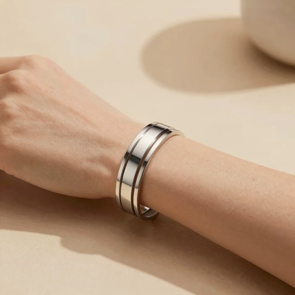 Layered stainless steel cuffs on soft skin, warm lighting, subtle shadows, elegant minimalist aesthetic