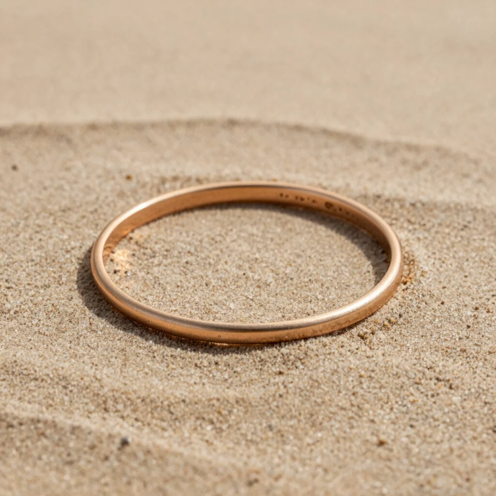 Minimalist waterproof bangle resting on warm sand-colored fabric, fine jewelry detail, soft daylight