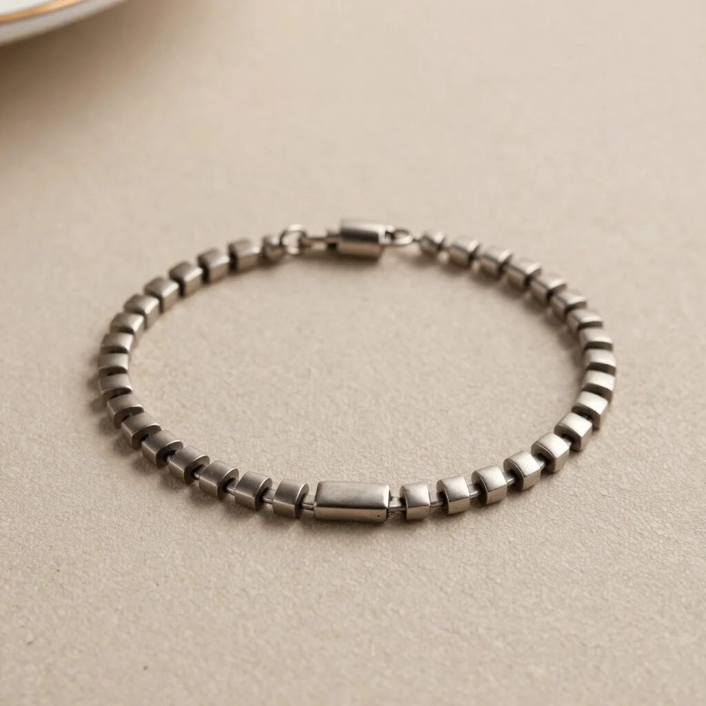 Slender stainless steel link bracelet with subtle clasp detail on neutral textured background