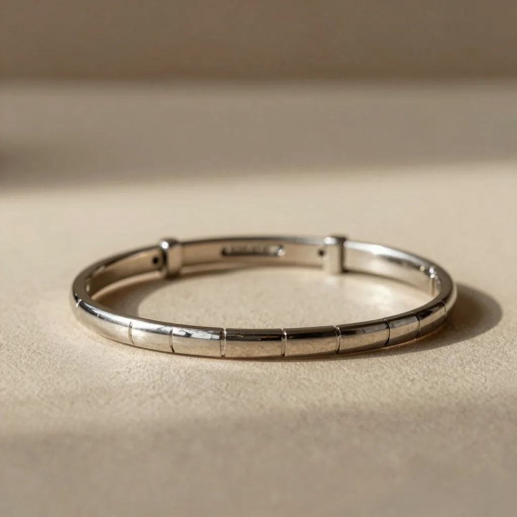 Close-up of polished stainless steel bracelets reflecting soft daylight in a minimalist warm interior