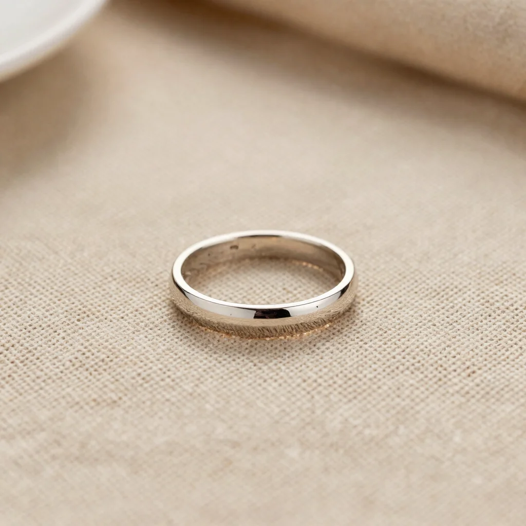 Gros plan sur une bague fine en acier inoxydable posée sur du lin naturel, lumière douce