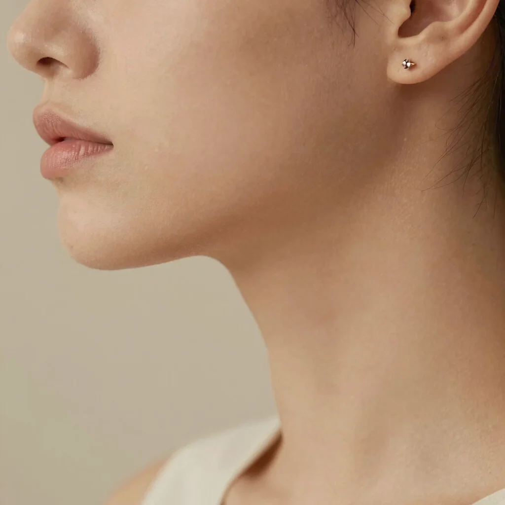 Fine jewelry detail of elegant small stud earrings worn on soft skin, warm natural lighting, minimalist composition