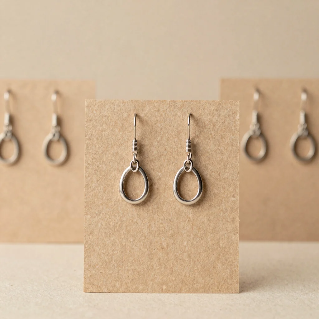 Stainless steel hanging earrings displayed on natural brown textured paper, soft daylight, editorial jewelry photography