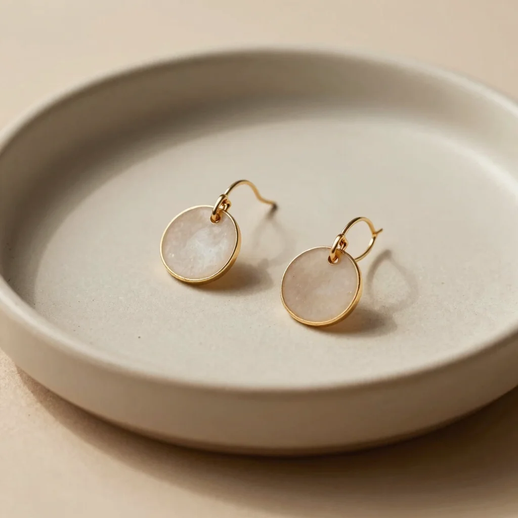 Refined minimalist earrings on a soft beige ceramic tray, natural side lighting, warm atmospheric tones