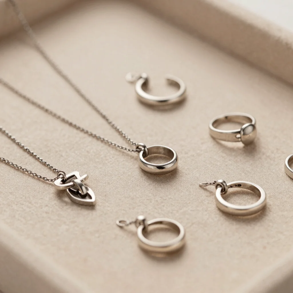 Detailed shot of polished stainless steel jewellery pieces arranged harmoniously on warm neutral fabric