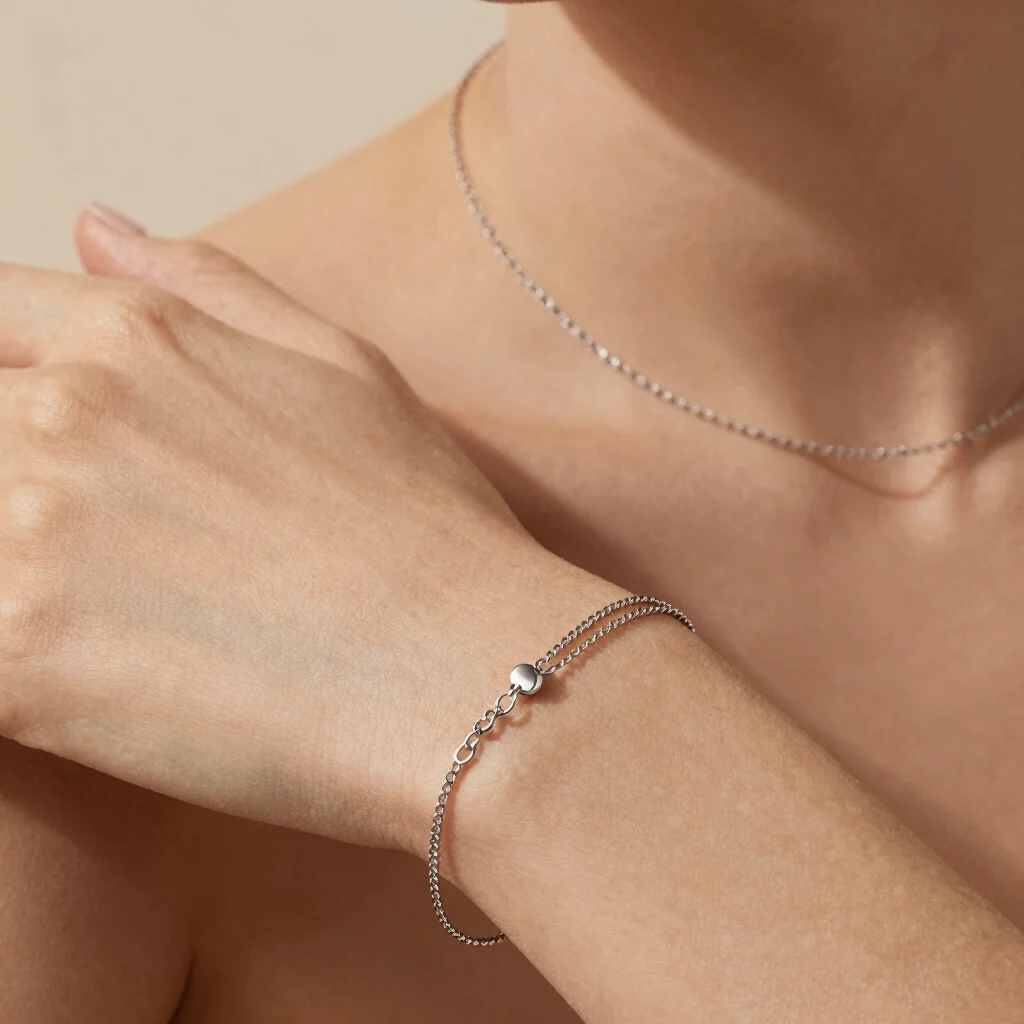 delicate layered stainless steel chains worn gracefully on soft skin, natural daylight, warm editorial studio atmosphere