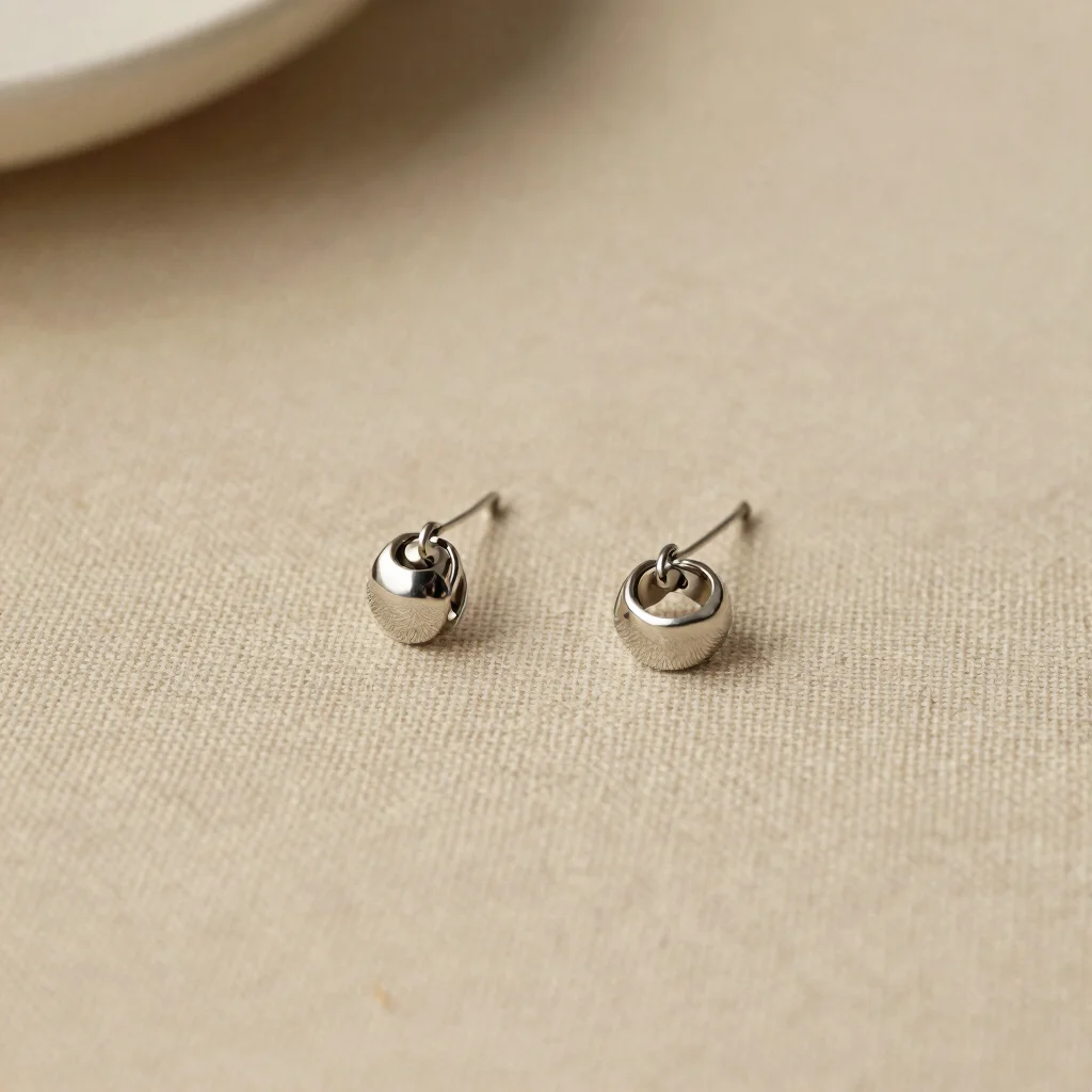 Warm editorial studio photography, fine jewelry detail of delicate stainless steel earrings on beige linen, soft dayligh